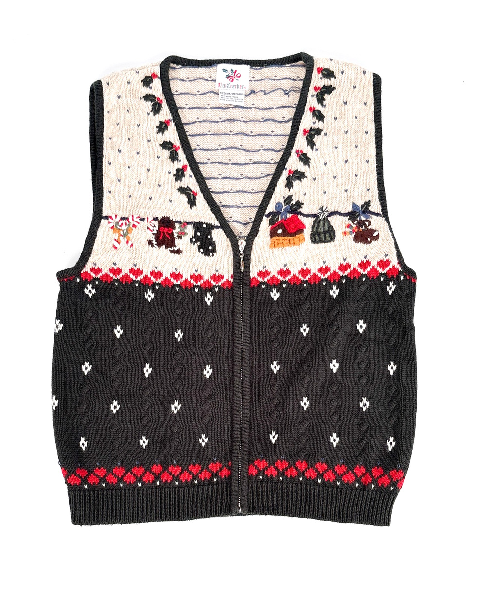 Vtg Christmas Knit Vest Zip Sweater Embroidered Green Womens MED Holiday Grandma
